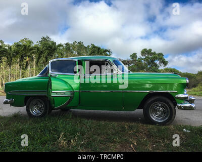 Klassische grüne vintage American Car steht auf einer Straße vor einigen Palmen im Tal von Vinales geparkt, Pinar del Rio, Kuba Stockfoto