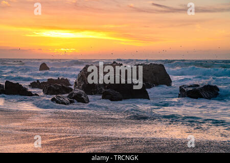 Big Sur, Kalifornien - schönen Sonnenuntergang am California Beach mit großen Wellen, die über Felsen und eine Schar Vögel in der Ferne fliegen. Stockfoto