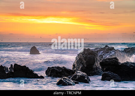 Big Sur, Kalifornien - schönen Sonnenuntergang am California Beach mit großen Wellen, die über Felsen und eine Schar Vögel in der Ferne fliegen. Stockfoto