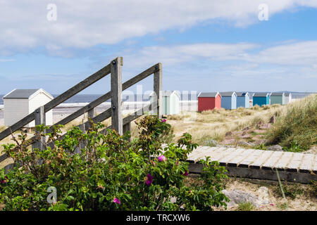 Holz- stiefsohn Weg zum Strand an der Küste von Moray Firth. Findhorn, Moray, Schottland, Großbritannien, Großbritannien Stockfoto