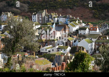 Altstadt von Hastings, East Sussex, Panoramablick von East Hill und Tackleway, von West Hill gesehen Stockfoto