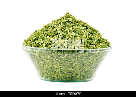 Getrocknete Fenchel Samen in der transparenten Schüssel, isoliert auf Weiss - Bild Stockfoto
