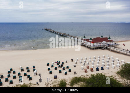 Antenne topdown-Blick auf den Pier, Küstenlinie der Ostsee, Norddeutschland. Stockfoto