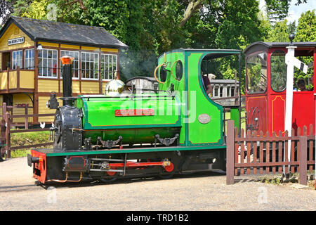 Bressingham Gärten Dampflok Lokomotive George Sholto Nummer 994 & Zug passiert Stellwerk Besucher transportieren um Gärten East Anglia UK Stockfoto