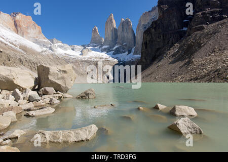 Klassische Ansicht der Granit Türme in Torres del Paine, Patagonien, Chile Stockfoto