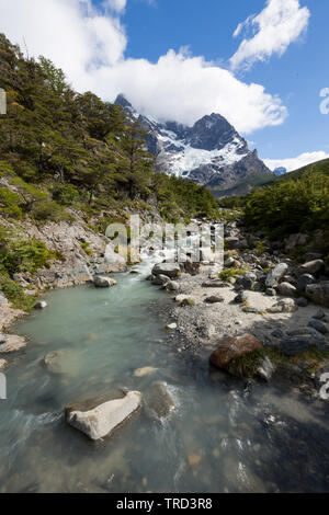 Fluss, der durch das Valle Frances in Torres del Paine, Patagonien, Chile Stockfoto