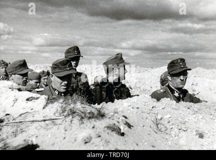 5. Kommandant der SS-Wiking-Division Gruppenführer Gille und andere Offiziere in einem Beobachtungsgraben an der Ostfront 1944 an der Russischen Front Stockfoto