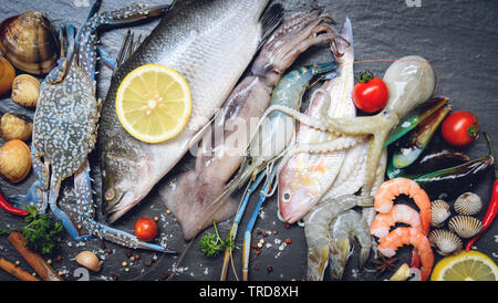 Platte mit Meeresfrüchten Meeresfrüchte Garnelen Krebs Schale Herzmuscheln mussel squid Octopus und fisch meer gourmet Abendessen/Frische rohe Meeresfrüchte mit Kräutern und s Stockfoto