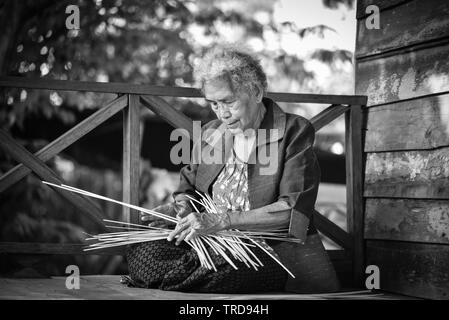 Alte ältere Frau Hand Handwerk weben Bambus, Korb für Natur Produkt in Thailand Asien Stockfoto