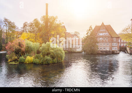 Ratsmuhle oder alte Wassermühle am Fluss Ilmenau am Morgen in Lüneburg. Deutschland Stockfoto