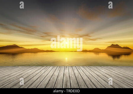 3D Computer Grafik, leeren Raum mit Holzboden und einem fotografischen Tapete mit Landschaft Sonnenaufgang Stockfoto