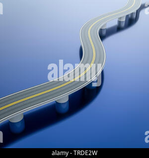 3D Computer Grafik, gebogene Autobahn Straße, die einen Pfad zu einem definierten Ziel gegen den blauen Hintergrund Stockfoto