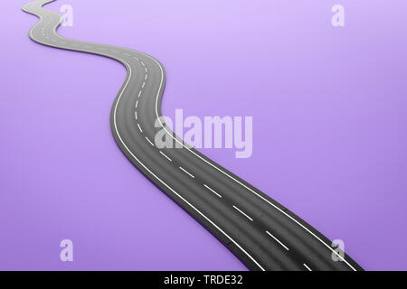 3D Computer Grafik, gebogene Autobahn Straße, die einen Pfad zu einem definierten Ziel gegen violette Hintergrund Stockfoto