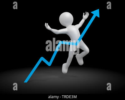 3D Symbol Mann in weißer Farbe in die Luft springen hinter Aufsteigend blaue Kurve Stockfoto