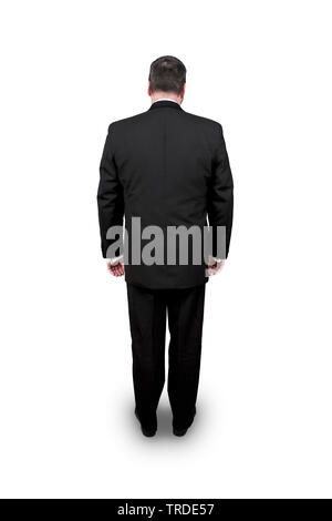 Rückansicht einer erschöpften business Mann mit hängenden Armen vor weißem Hintergrund Stockfoto