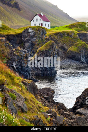 Haus auf der Basalt Küste, Island, Vesturland, Snaefellsnes, Arnarstapi Stockfoto