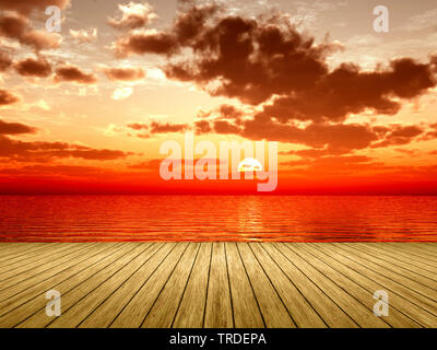 Blick vom Holzsteg auf den Sonnenuntergang über dem Meer, virtuelle Landschaft, Computer Grafik Stockfoto