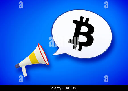 3D Computer Grafik, Megafon mit Sprechblase BITCON vor blauem Hintergrund Stockfoto