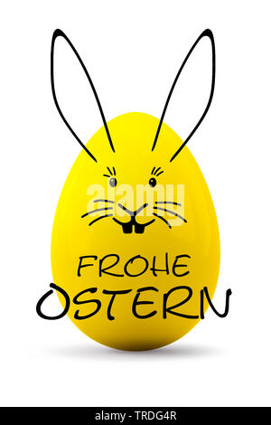 Ester Karte - Osterhase mit Ill. von schwarzen Linien über eine gelbe Ostereier Schriftzug FROHE OSTERN (Frohe Ostern) Stockfoto