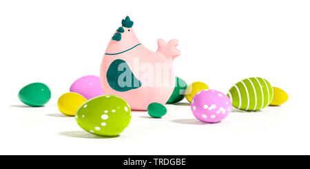 Ester-Karte Dreidimensionale Huhn in rosa Farbe durch bunte Eier vor weißem Hintergrund umgeben Stockfoto