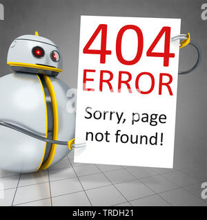 3D Computer Grafik, runde niedliche Roboter mit einem Schild Schriftzug Fehler 404 - Seite nicht gefunden Stockfoto