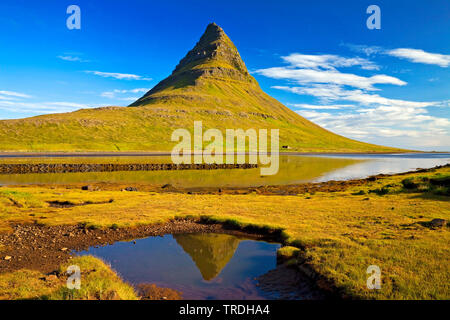 Kirkjufell Berg in Grundarfjoerdur Fjord, Island widerspiegelt, Snaefellsnes Stockfoto