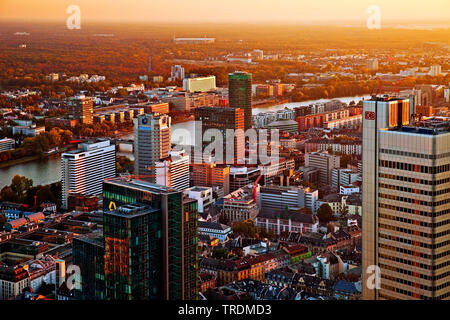 Blick vom Maintower auf die Stadt bei Sonnenuntergang, Deutschland, Hessen, Frankfurt am Main Stockfoto