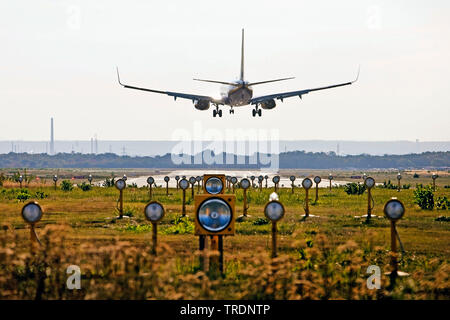 Flugzeug Landung auf einer Start- und Landebahn der Flughafen Köln/Bonn, Deutschland, Nordrhein-Westfalen, Köln Stockfoto