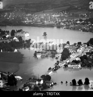 Überfluteten Gebiet durch hohe Wasser der Donau in Passau im Jahr 1959, Luftbild, Deutschland, Bayern, Niederbayern, Niederbayern, Passau Stockfoto