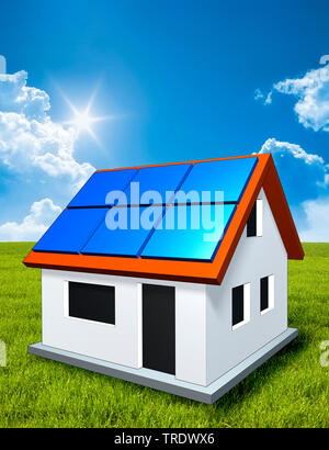 3D Computer Grafik, freistehende Einfamilienhaus mit Solaranlage auf dem Dach gegen bewölkter Himmel Stockfoto