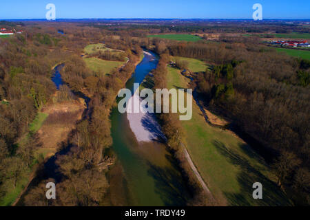 Luftaufnahme der Isar in der Nähe von Freising, Deutschland, Bayern, Oberbayern, Oberbayern, Freising Stockfoto