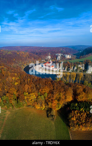 Luftaufnahme der Donaudurchbruch und Kloster Weltenburg, Deutschland, Bayern Stockfoto