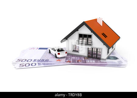 3D Computer Grafik, Wohngebiet, das sich auf der Oberseite von Banknoten Stockfoto