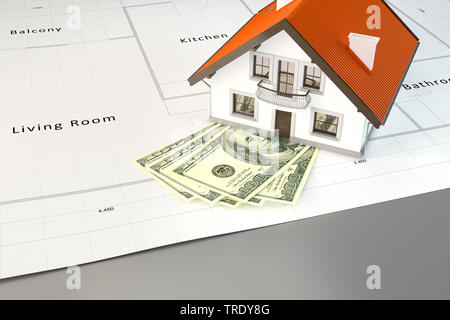 3D Computer Grafik, residental Haus auf uns Banknoten und lazout Zeichnung Stockfoto