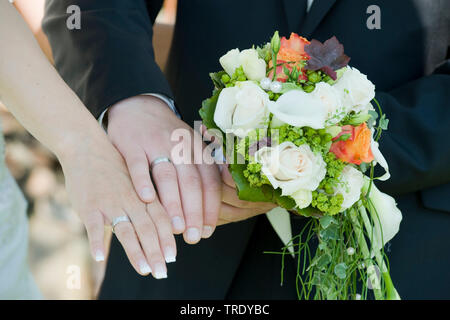 Detail einer Brautpaar ihre Hochzeit Ringe nach der Zeremonie Stockfoto