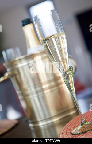 Halb voll Champagner Glas vor eine Flasche Champagner in einer Flasche chiller Stockfoto