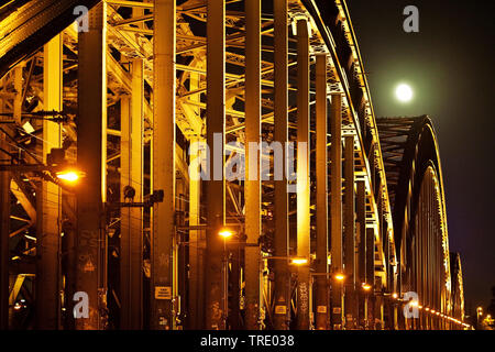 Hohenzollernbrücke bei Vollmond, Deutschland, Nordrhein-Westfalen, Rheinland, Köln Stockfoto