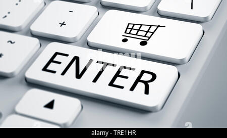 Enter-Taste und Trolley Symbol auf weißem keyborad Stockfoto