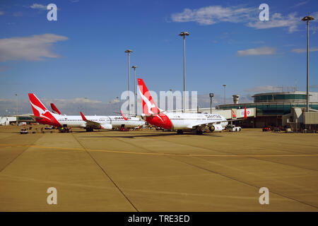 BRISBANE, Australien - 20 May 2018 - Ansicht von Flugzeugen von der australischen Fluggesellschaft Qantas (QF) am Flughafen Brisbane (BNE) in Queensland, Australien. Stockfoto