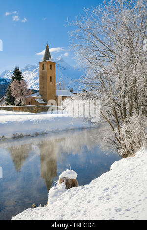 Kirche St. Lorenz in Sils, Schweiz, Graubünden, Oberengadin Stockfoto