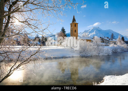 Kirche St. Lorenz in Sils, Schweiz, Graubünden, Oberengadin Stockfoto