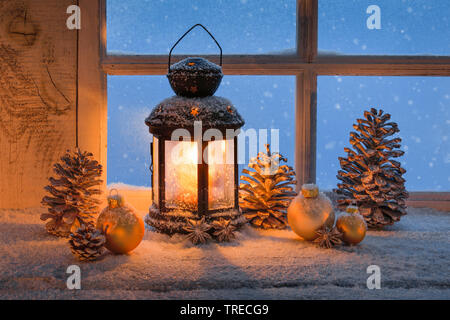 Laterne mit Weihnachten Dekoration auf einem Felsvorsprung, Schweiz Stockfoto