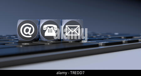 Graue Würfel mit Symbolen für E-Mail Tel. und Buchstaben auf der Tastatur, schwarz Stockfoto