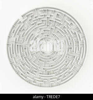 3D Computer Grafik, Blick von oben auf eine Runde Labyrinth vor weißem Hintergrund Stockfoto
