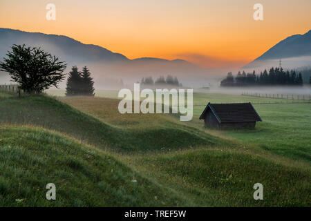 Hügeligen Wiese im Isartal am Morgen, Deutschland, Bayern Stockfoto