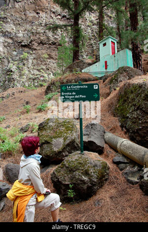 Gut am Wanderweg von Pavillon an der Cumbrecita Caldera Taburiente Nationalpark in die Kapelle Ermita de la Virgen del Pino, Kanarische Inseln, La Palma, El Paso Stockfoto