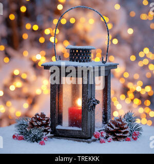 Laterne mit Weihnachten Dekoration stehen im Schnee, Schweiz Stockfoto