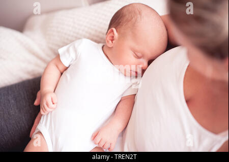 Baby Boy schlafen auf Mutter im Zimmer. Die Mutterschaft. Mutterschaft. Ansicht von oben. Stockfoto