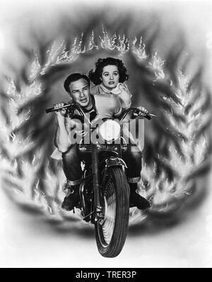 Mary Murphy und Marlon Brando auf Triumph Motorrad DER WILDE 1953 Regisseur Laslo Benedek Produzent Stanley Kramer Werbung Foto von William E. Cronenweth Stanley Kramer Produktionen/Columbia Pictures gestellt Stockfoto