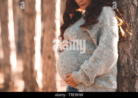 Schwangere Frau 30-35 Jahre alten tragen warmen gestrickten Pullover posiert im Freien. Die Mutterschaft. Mutterschaft. Herbst Saison. Stockfoto